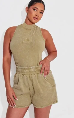 Shape Olive Cotton High Neck Sleeveless Bodysuit