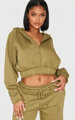 Shape Olive Distressed Elasticated Waistband Cropped Hoodie