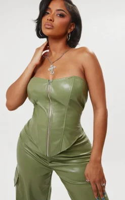 Shape Olive Faux Leather Zip Front Corset
