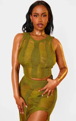 Shape Olive Knit Ladder Racer Neck Longline Top