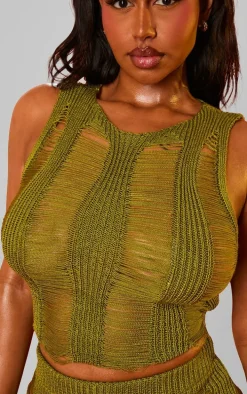 Shape Olive Knit Ladder Racer Neck Longline Top