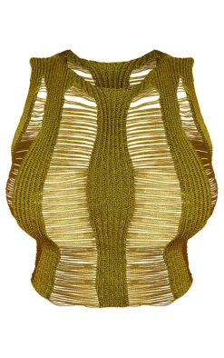 Shape Olive Knit Ladder Racer Neck Longline Top