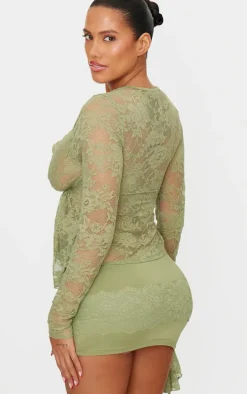 Shape Olive Lace Tie Split Front Long Sleeve Top