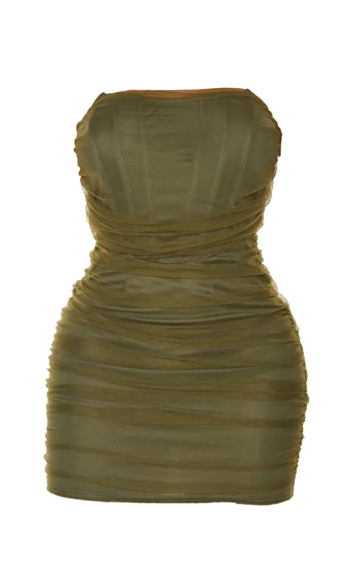 Shape Olive Mesh Corset Detail Ruched Bodycon Dress