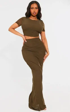 Shape Olive Mesh Printed Detail Maxi Skirt