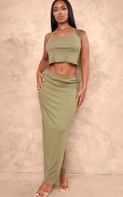 Shape Olive Rib Lettuce Hem Maxi Skirt