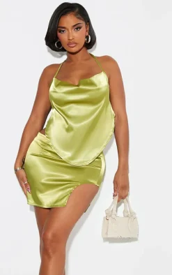 Shape Olive Satin Halterneck Cowl Neck Top