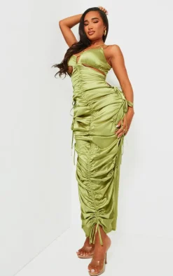Shape Olive Satin Ruched Strappy Detail Maxi Dress