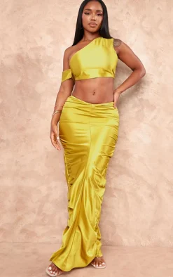 Shape Olive Satin Ruched Side Maxi Skirt