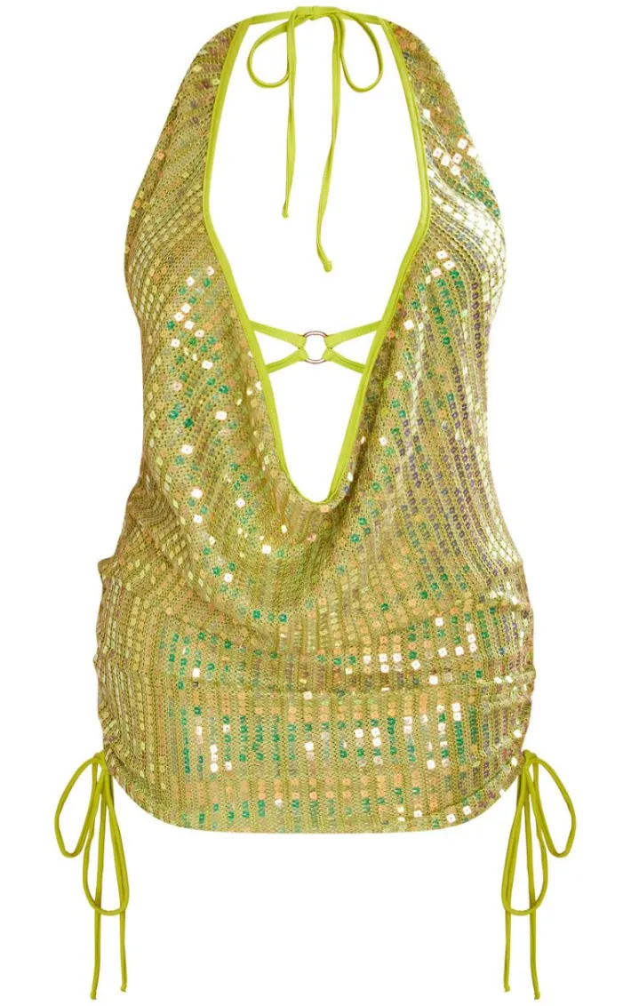 Shape Olive Sequin Halterneck Cowl Cut Out Back Detail Bodycon Dress