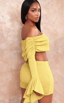 Shape Olive Sheer Mesh Bardot Flute Sleeve Crop Top