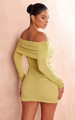 Shape Olive Sheer Mesh Foldover Bardot Dress