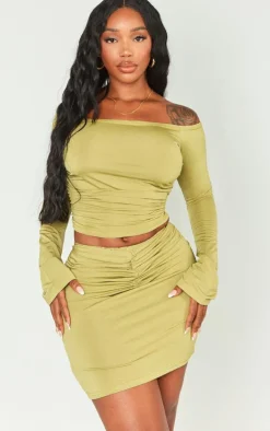 Shape Olive Slinky Acetate Ruched Front Mini Skirt