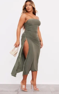 Shape Olive Slinky Bandeau Ruched Side Hem Midaxi Dress