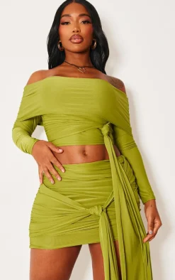 Shape Olive Slinky Bardot Knot Side Crop Top