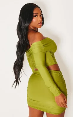 Shape Olive Slinky Bardot Knot Side Crop Top