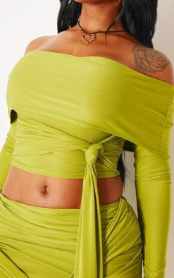 Shape Olive Slinky Bardot Knot Side Crop Top