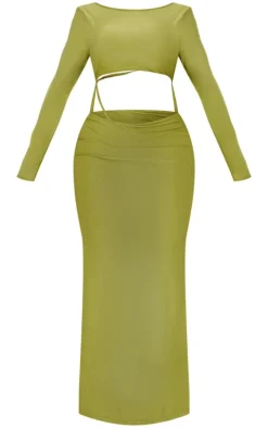 Shape Olive Slinky Long Sleeve Cut Out Strap Detail Maxi Dress