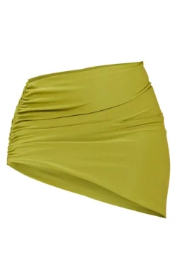 Shape Olive Slinky Ruched Asymmetric Side Mini Skirt