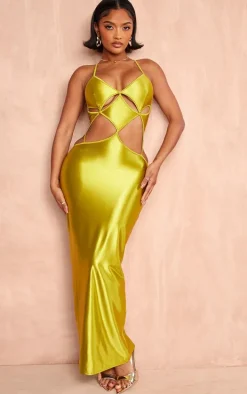 Shape Olive Stretch Satin Cut Out Detail Midaxi Dress