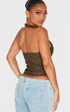 Shape Olive Washed Faux Leather Halter Neck Lace Up Corset