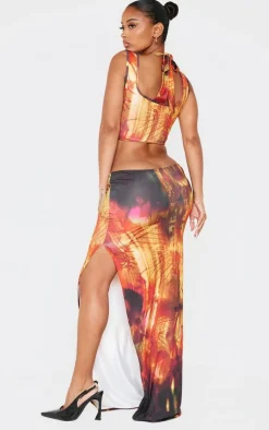 Shape Orange Abstract Printed Slinky Cut Out Tie Detail Maxi Dress