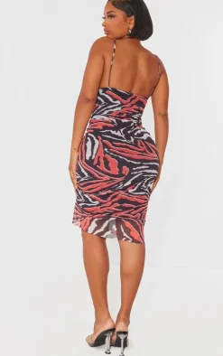 Shape Orange Abstract Zebra Print Mesh Cowl Ruched Midi Dress