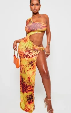 Shape Orange Animal Printed Slinky Cut Out Ring Detail Maxi Dress