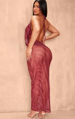 Shape Orange Body Print Mesh Halterneck Cowl Maxi Dress