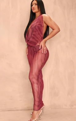 Shape Orange Body Print Mesh Halterneck Cowl Maxi Dress