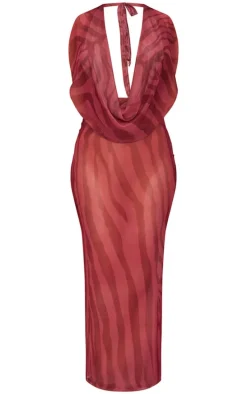 Shape Orange Body Print Mesh Halterneck Cowl Maxi Dress