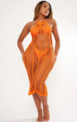 Shape Orange Knit Ladder Backless Halterneck Midi Dress