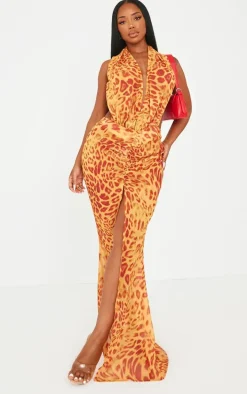 Shape Orange Leopard Printed Chiffon Drape Front Maxi Dress