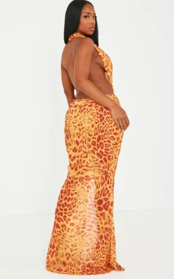 Shape Orange Leopard Printed Chiffon Drape Front Maxi Dress