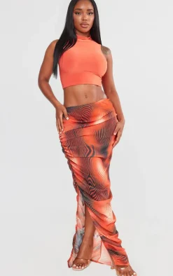 Shape Orange Printed Chiffon Ruched Side Midaxi Skirt