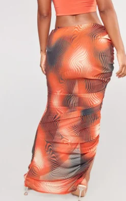 Shape Orange Printed Chiffon Ruched Side Midaxi Skirt