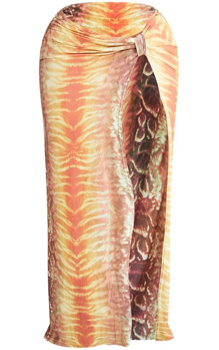 Shape Orange Printed Knot Side Maxi Skirt