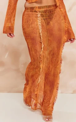 Shape Orange Printed Mesh Ruffle Detail Maxi Skirt
