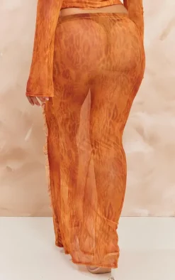 Shape Orange Printed Mesh Ruffle Detail Maxi Skirt