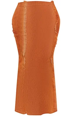Shape Orange Printed Mesh Ruffle Detail Maxi Skirt