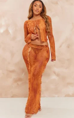 Shape Orange Printed Mesh Tie Front Frill Edge Top