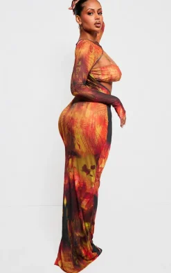 Shape Orange Printed Mesh Open Maxi Dress With Bralet Insert