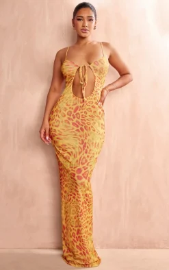 Shape Orange Printed Sheer Mesh Cut Out Maxi Dress
