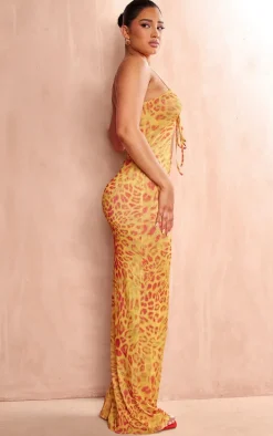 Shape Orange Printed Sheer Mesh Cut Out Maxi Dress