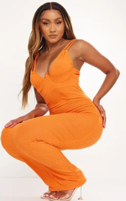Shape Orange Rib Boning Detail Halterneck Maxi Dress
