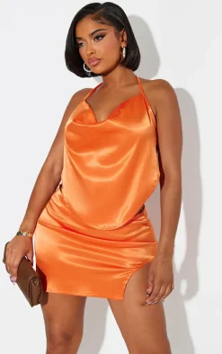 Shape Orange Satin Asymmetric Mini Skirt