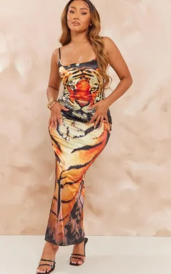 Shape Orange Satin Tiger Print Strappy Maxi Dress
