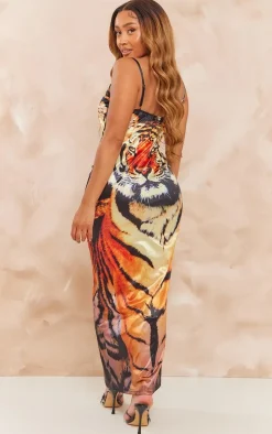 Shape Orange Satin Tiger Print Strappy Maxi Dress