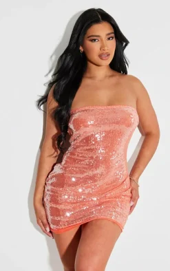 Shape Orange Sequin Bandeau Bodycon Dress