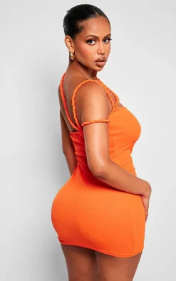 Shape Orange Sheer Mesh Twist Detail Cut Out Bodycon Dress